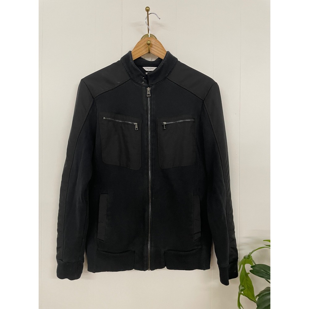 Calvin Klein Mens Slim Fit Mixed Media Moto Bomber Jacket Black Full Zip M